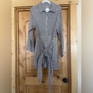 Free People Geometric Brown and White Button Down Dress